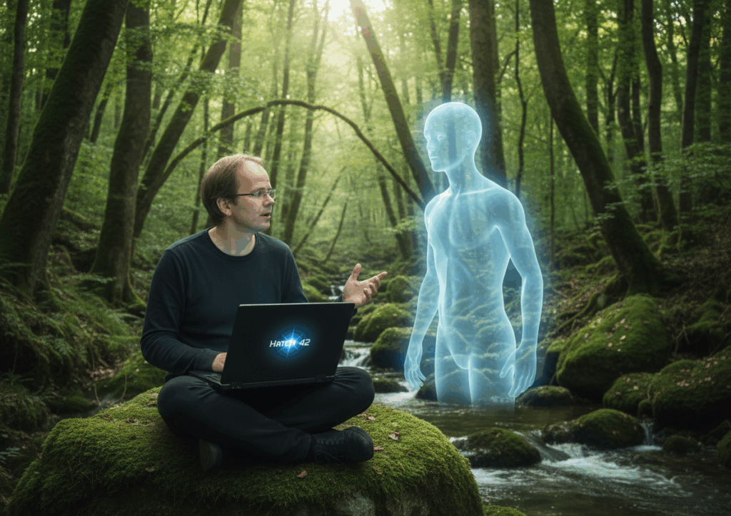 Dipl.-Ing. Rainer Gutkas in the woods with his Laptop talking to AI (Generated with Nano Banana)